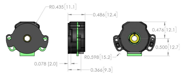 Diagram of miniature optical rotary encoder showing front, back and side views with measurements