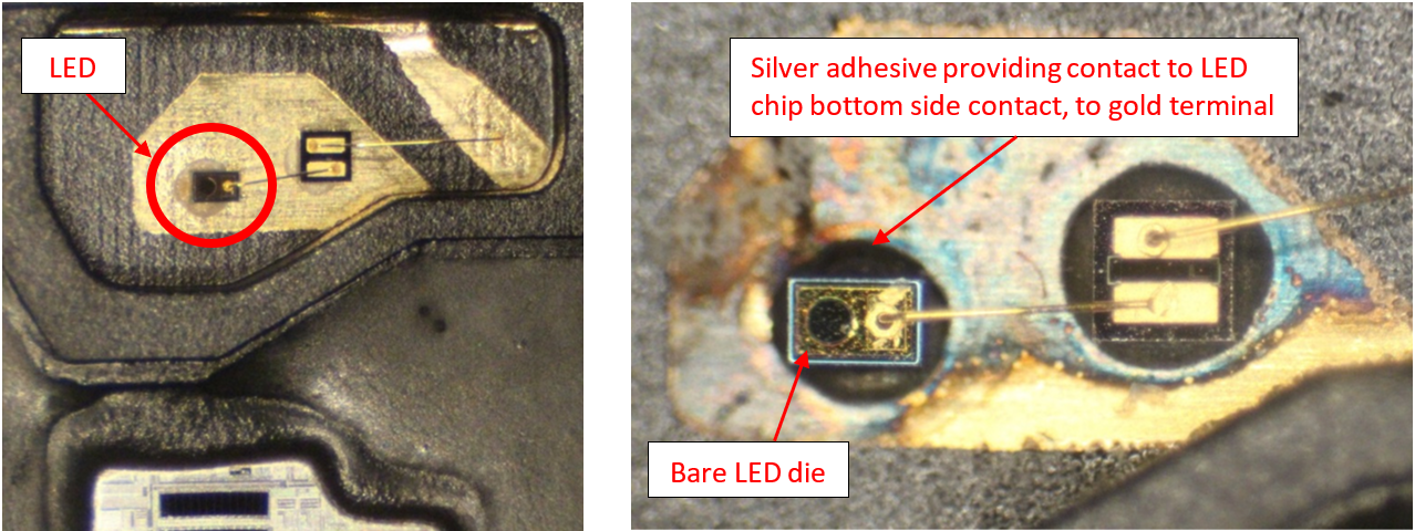 Quantum Devices' competitor Encoder B LED is surface mounted on the sensor base and is left open to the operating environment, causing corrosion