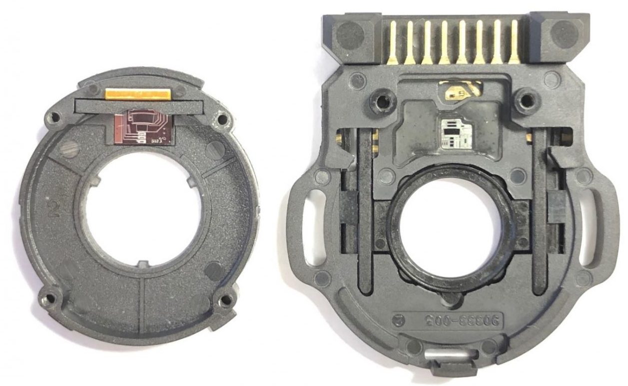 In this case, Quantum Devices' Competitor uses a similar ASIC to their Encoder A and it is connected with the same single 0.001" wires, however, the sensor is adhered to a polymer base rather than a PCB.